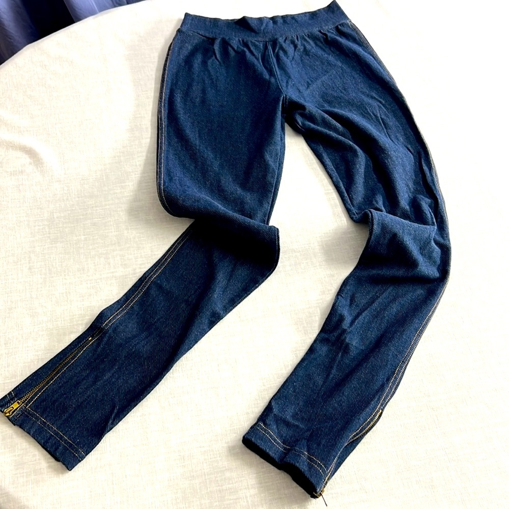 🌞 Mark dark denim pull-up bodycon leggings wide waistband zip up ankles women M